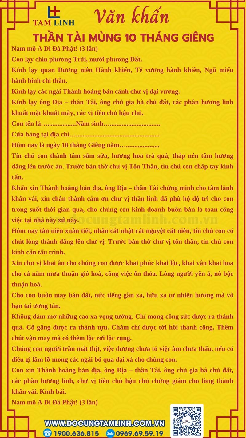 Văn khấn cúng thần tài mùng 10 tháng giêng