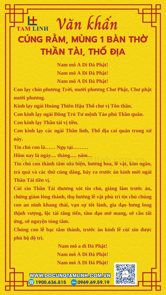 Văn khấn cúng rằm, mùng 1 bàn thờ thần tài, thổ địa