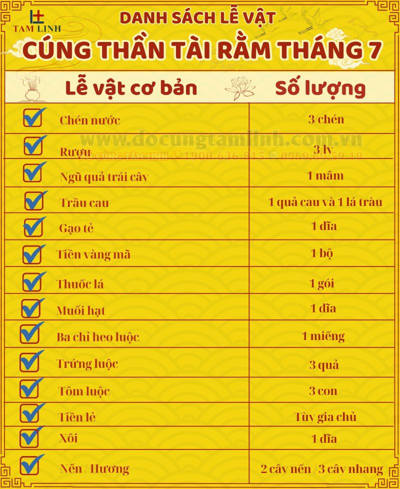 danh sách lễ vật cúng thần tài rằm tháng 7