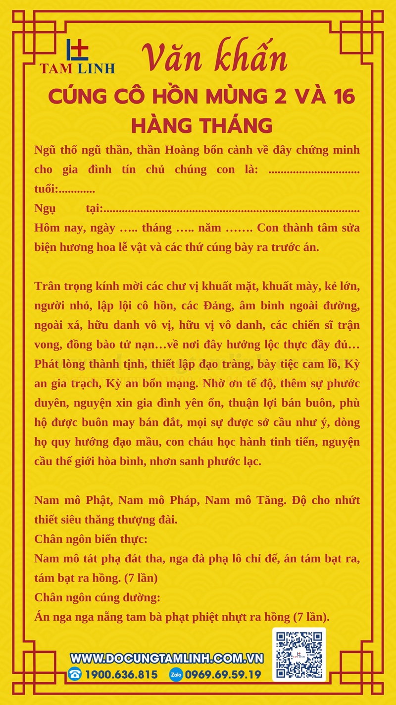 Văn khấn cúng cô hồn mùng 2 và 16 âm lịch hàng tháng