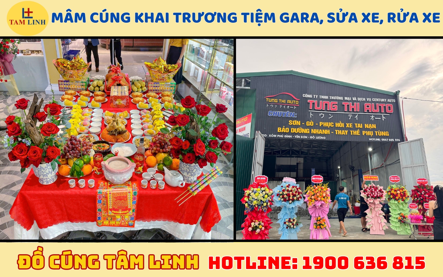 mâm lễ vật cúng khai trương tiệm rửa xe, sửa xe, gara