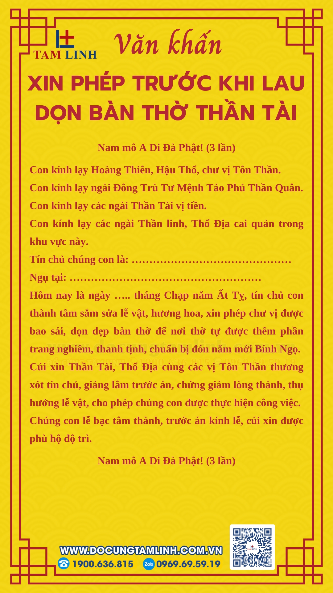 Văn khấn xin phép trước khi lau dọn bàn thờ Thần Tài