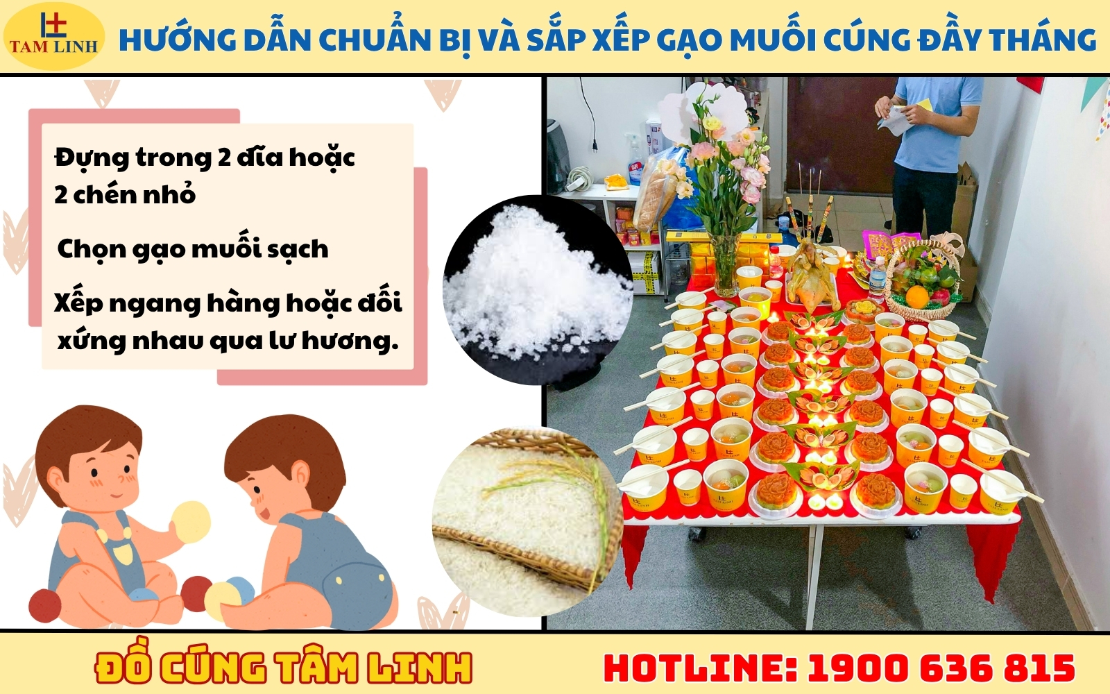 Hướng dẫn chuẩn bị và sắp xếp gạo muối cúng đầy tháng thôi nôi