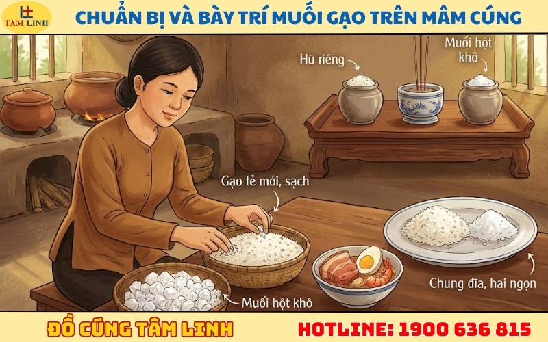 Cách chuẩn bị và bày trí muối gạo trên mâm cúng đất đai