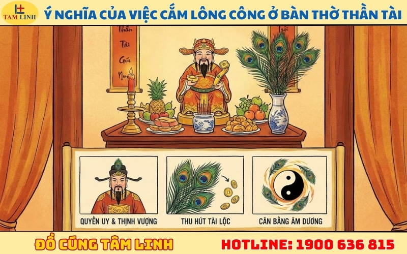 Ý nghĩa của việc cắm lông công ở bàn thờ Thần Tài