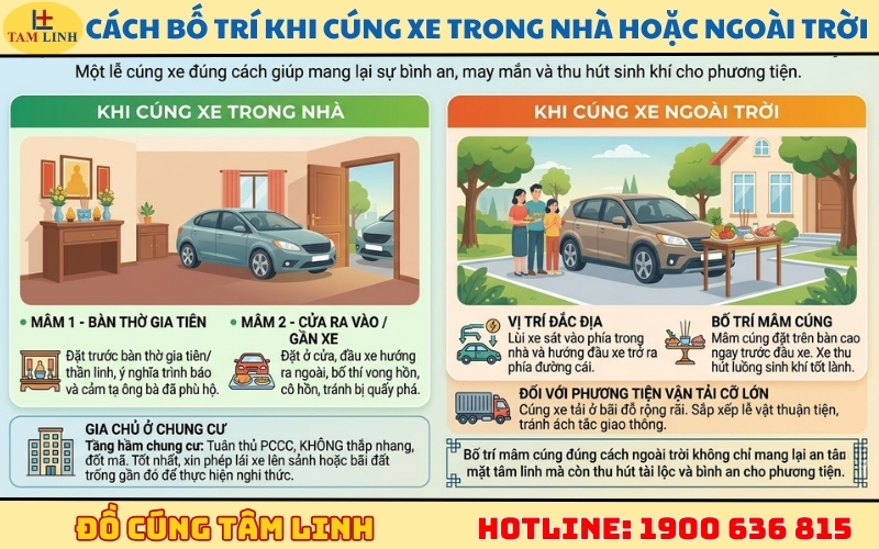 Cách bố trí khi cúng xe trong nhà hoặc ngoài trời