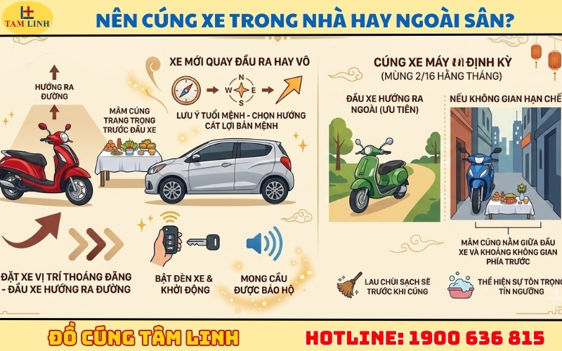 Nên cúng xe trong nhà hay ngoài sân