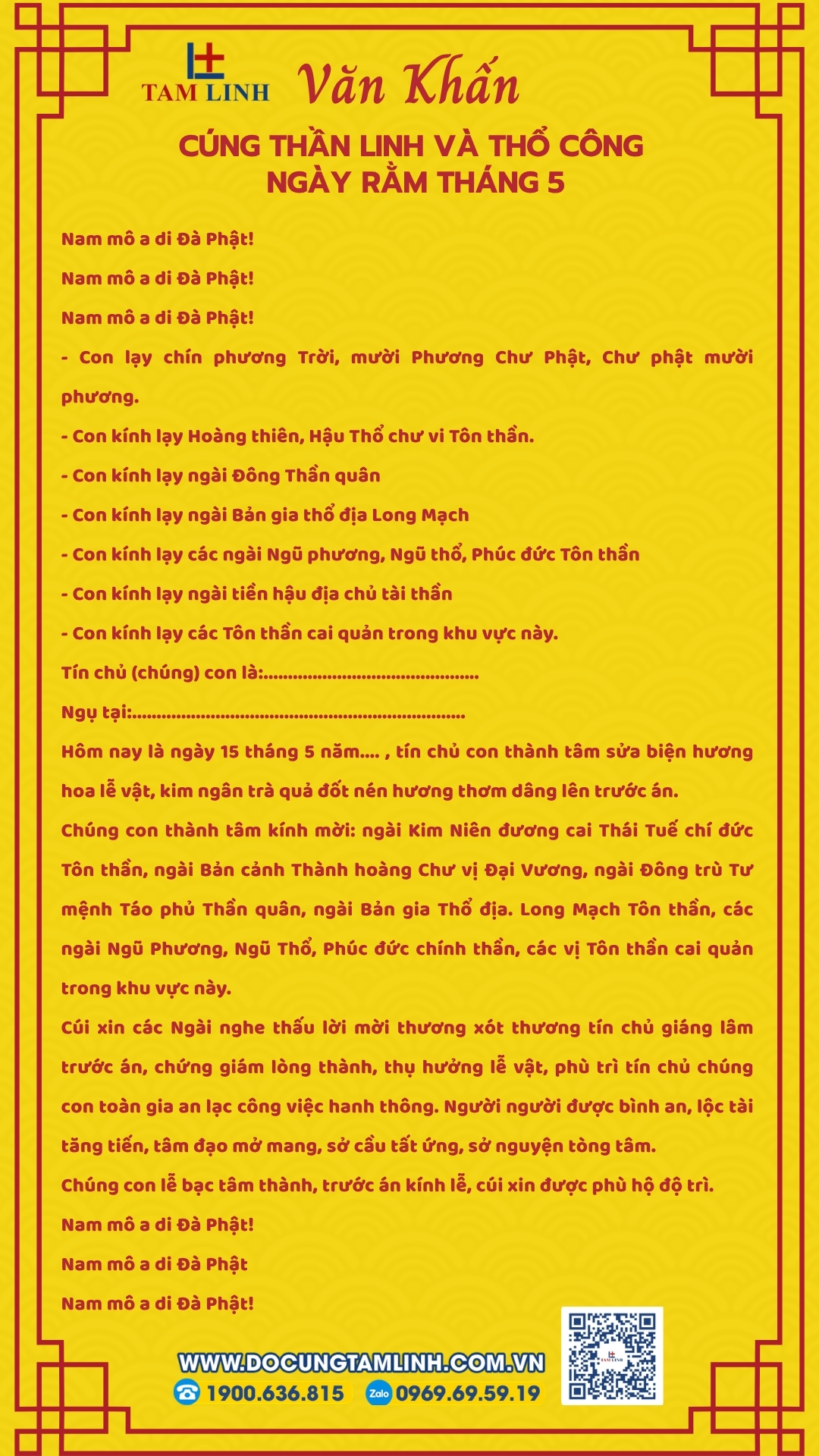 Văn khấn cúng Thần Linh và Thổ Công ngày rằm tháng 5 âm
