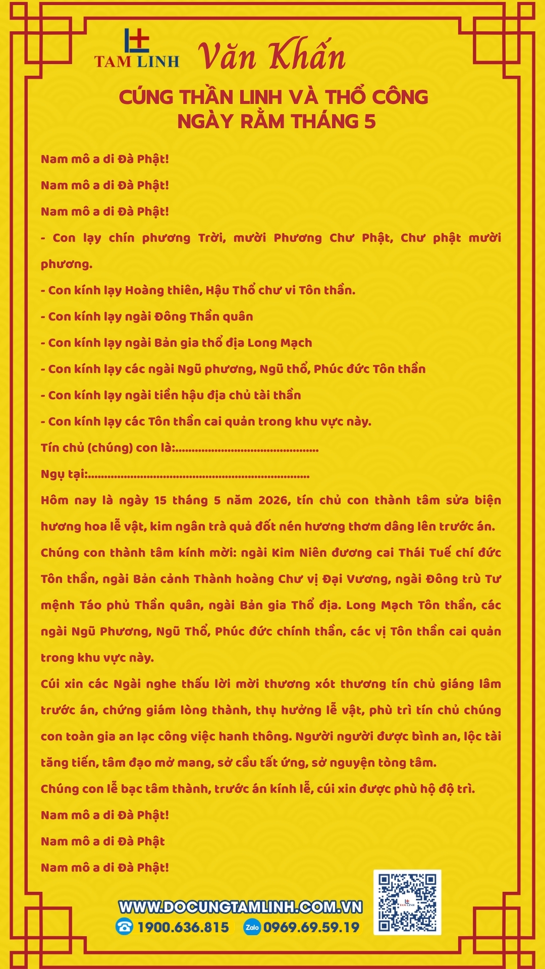 Văn khấn cúng Thần Linh và Thổ Công ngày rằm tháng 5