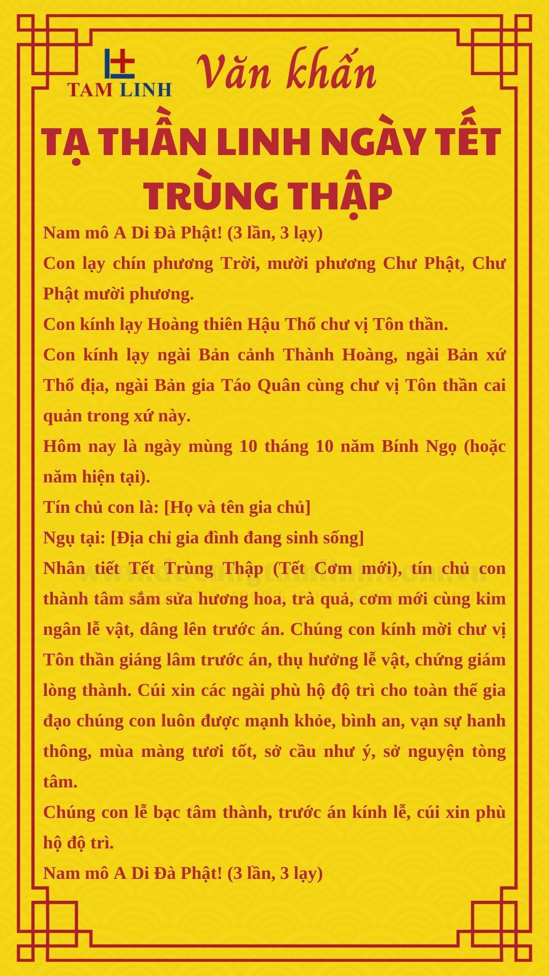 Văn khấn tạ Thần Linh ngày Tết Trùng Thập